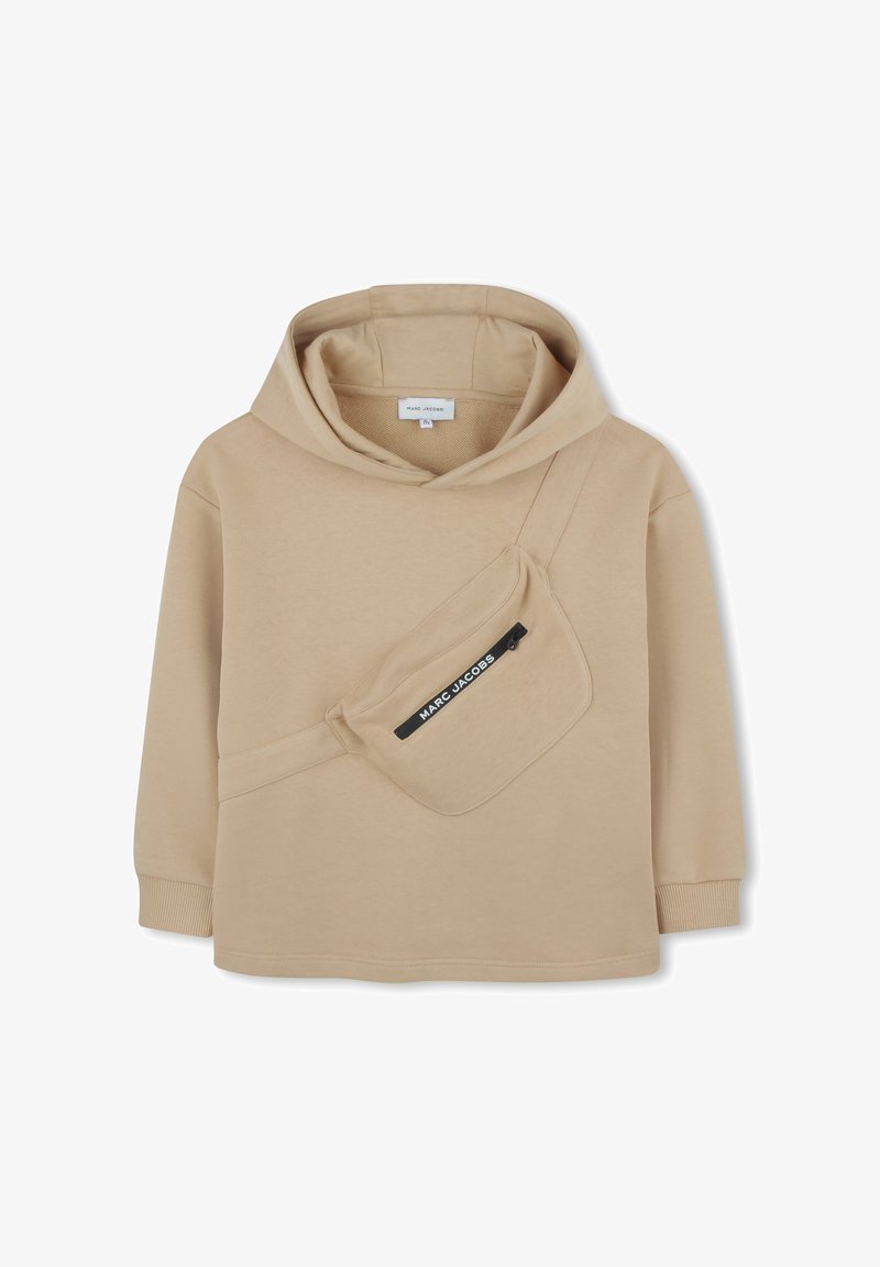 Sweatshirt à capuche beige avec une poche zippée à l'avant. Fabriqué en tissu doux, il présente des poignets côtelés et une capuche à cordon de serrage ajustable.