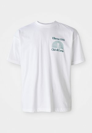 Biała bawełniana koszulka z okrągłym dekoltem, krótkimi rękawami oraz haftowanym napisem i grafiką w kolorze teal mówiącym "Ellesse 1959 Club di Corsa."