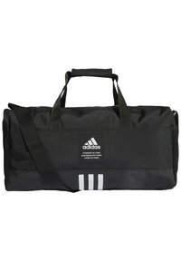 Bolsa de deporte negra con asas dobles, bolsillo lateral de malla, forma rectangular y acentos de rayas blancas. Presenta un parche con el logo de Adidas.