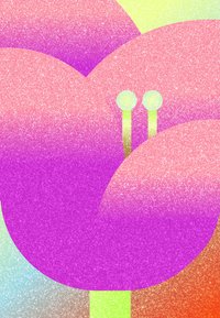 Abstract close-up of a purple and pink flower with green pistils and a glittery, textured gradient background.