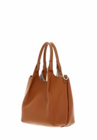 Borsa a mano in cuoio chiaro con finitura texturizzata, doppie maniglie corte e un sottile accento argentato. Forma elegante e arrotondata con bordi morbidi.