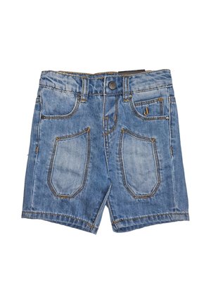 Pantaloncini da bambino in denim blu con tasche frontali, passanti per cintura e chiusura con bottone.