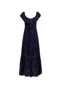 Navy blue maxi dress with ruffled neckline and sleeves, featuring floral embroidery, a fitted waist, and a flowy skirt.