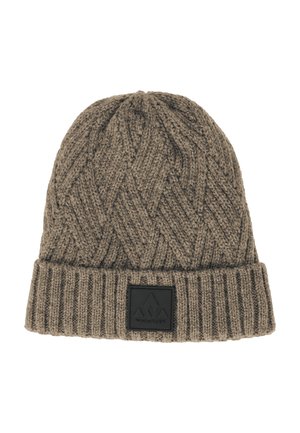 Brun strikket hue med foldet kant og sort mærke med et bjerglogo og teksten "Whistler".