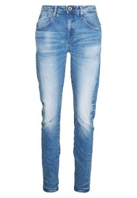 Jeans de mezclilla azul claro con ajuste slim, con un ligero desgaste, cinco bolsillos y cierre de cremallera con botón.