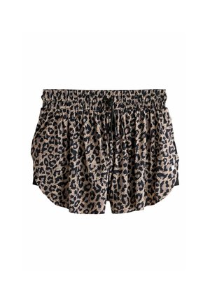 Laza fazonú rövidnadrág bézs és fekete leopárdmintával, rugalmas derékrésszel és elöl fekete zsinórral.