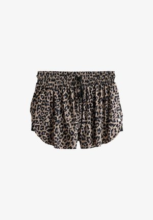 Laza fazonú rövidnadrág bézs és fekete leopárdmintával, rugalmas derékrésszel és elöl fekete zsinórral.