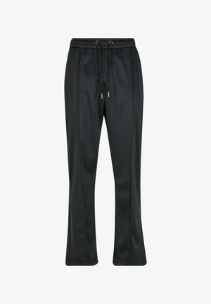Schwarze gerade geschnittene Trainingshose mit elastischem Bund und schwarzem Kordelzug mit silbernen Spitzen, ohne sichtbare Taschen.
