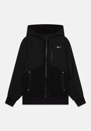 Black hooded jacket with zip front, mixed materials of soft fleece and smooth fabric, features a small logo and side pockets.