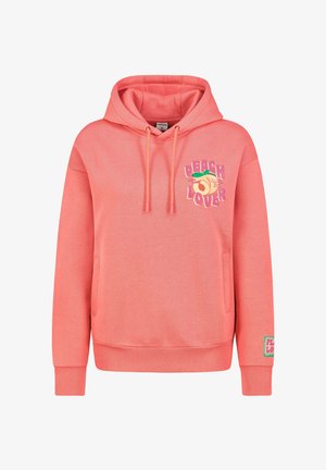 Coral pink hoodie made of soft fabric, featuring a front pocket, drawstring hood, and colorful "Peach Lover" graphic design.