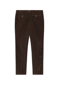Pantalons en velours côtelé marron avec une coupe droite, dotés de deux poches arrière avec des fermetures à bouton et d'un tissu doux et texturé.