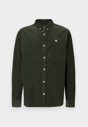 Dunkelgrünes Corduroy-Langarmhemd mit Button-Down-Kragen, weißen Knöpfen und kleinem Logodetail auf der linken Brust.