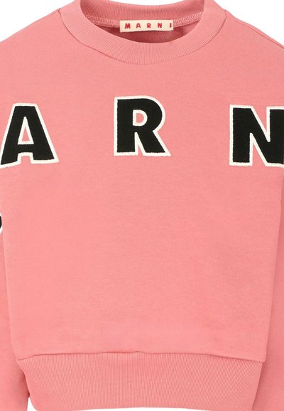 Felpa rosa con grandi lettere nere "A", "R" e "N" contornate in bianco. Tessuto in cotone morbido con polsini e bordo a costine.
