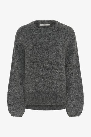 Sweater cinza de malha com um decote redondo, mangas longas folgadas e uma bainha ligeiramente encurtada. O material texturizado acrescenta interesse visual.