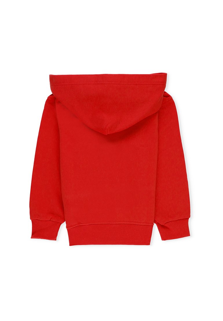 Roter Kapuzenpullover aus weichem Stoff, mit langen Ärmeln, einer Kängurutasche sowie gerippten Bündchen und Saum. Glatte Textur.