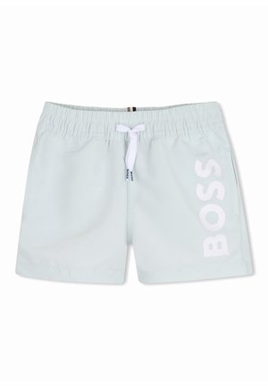 Lichtblauwe zwembroek voor heren met elastische tailleband, witte trekkoord, zijzakken en een groot verticaal "BOSS"-logo op het rechterbeen.
