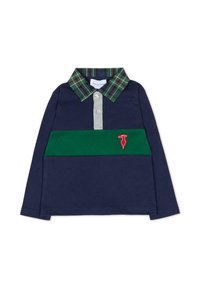 Granatowa koszula z długim rękawem z zielonym poziomym paskiem, szarą listwą zapinającą oraz zielonym, w kratę, wzorzystym kołnierzykiem. Zdobiona wyszywanym czerwonym logo.