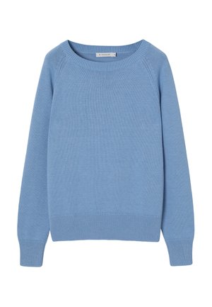 Svetlomodrý sveter z jemnej pleteniny s okrúhlym výstrihom, dlhými rukávmi a rebrovanými manžetami a lemom. Jednoduchý, bez ozdôb.
