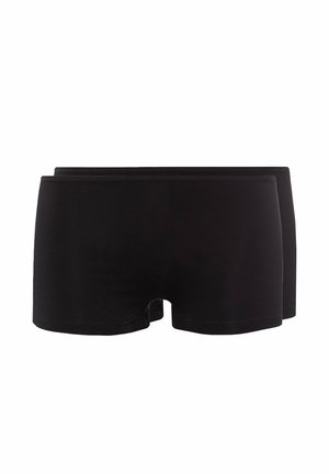 Two pairs of plain black boxer briefs stacked side by side on a white background.