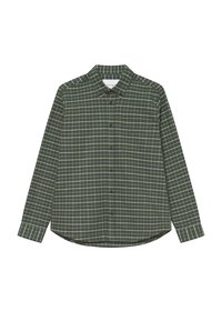 Ilgada piedurkne pogu krekls tumši zaļā krāsā ar vieglu zaļu un baltu kostīmu. Izgatavots no mīksta auduma, ar apkakli un apaļu apakšmalu.