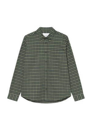 Pikkade varrukatega nupuvabaga särk tumerohelises toonis, millel on heleda rohelise ja valge ruuduline muster. Valmistatud pehmest kangast, varustatud krae ja ümarate ääridega.