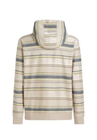 Sudadera con capucha en un tejido beige con rayas horizontales en gris, verde y amarillo. Presenta un bolsillo tipo canguro y puños de canalé.