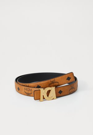 Cintura in pelle marrone con motivi neri embossati e fibbia in tono oro con logo stilizzato. Design double-face con materiali a contrasto.