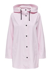Chaqueta de lluvia rosa con capucha, cordones negros, cierre de botones en la parte delantera y dos bolsillos laterales. Fabricada con material ligero e impermeable.