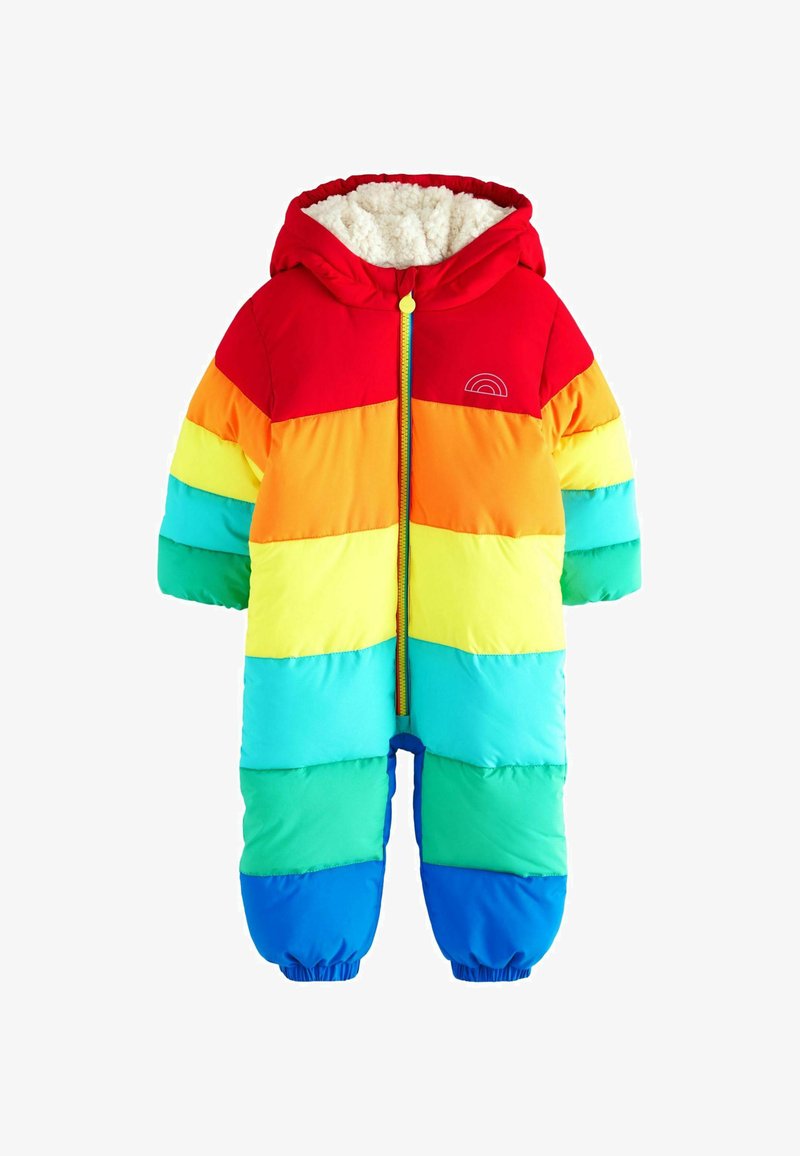 Rainbow-patterned puffy snowsuit with a red hood. Made of multiple colors: red, orange, yellow, green, turquoise, and blue. Zippered front.