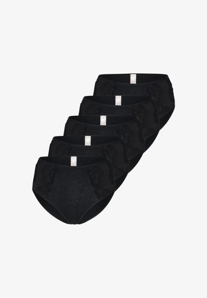 Fünf schwarze Damen-Slips mit hoher Taille und floralen Spitzen-Details, diagonal auf einem weißen Hintergrund gestapelt.
