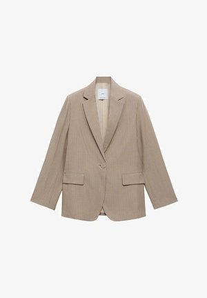 Beige pinstriped blazer with long sleeves, notched lapels, a single button closure, and two front patch pockets. Smooth texture.