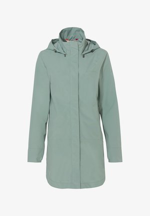 Veste imperméable vert clair avec un col haut, une capuche, des manches longues et une fermeture éclair à l'avant. Dispose de poches latérales et d'un design minimaliste.