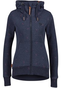 Sudadera con cremallera de color navy, hecha de tela suave, con patrones de insectos rosas, un cuello alto con cordones y bolsillos frontales. Incluye detalles de cuero.