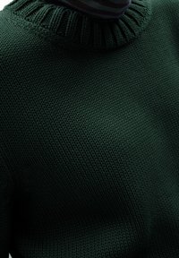 Pull en maille vert foncé avec un col côtelé, présentant un tissu texturé et une coupe près du cou.