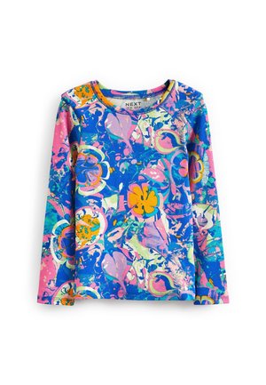 T-shirt côtelé à manches longues pour enfants avec motifs floraux et en forme de cœur abstraits et colorés en bleu vif, rose, jaune et violet.