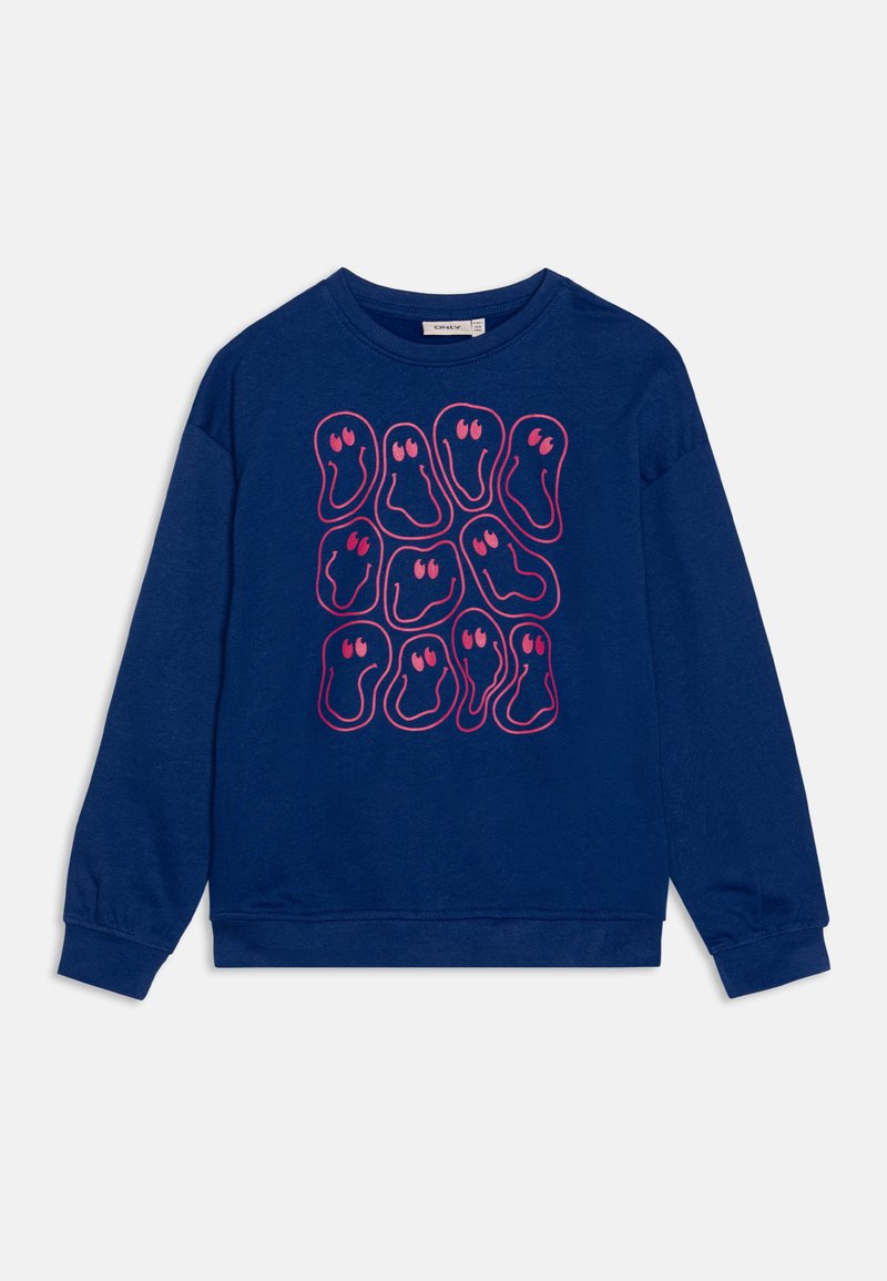 Sweatshirt azul-marinho de mangas longas com um padrão de fantasmas cor-de-rosa dispostos em grelha. Feito de um material têxtil macio. Gola clássica à marinheiro.