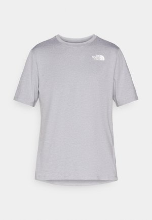 Graues kurzärmeliges T-Shirt mit rundem Halsausschnitt, aus leichtem Stoff, mit einem kleinen weißen Logo auf der linken Brust. Glatte Textur.