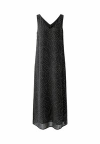 Robe noire avec un décolleté en V, sans manches, présentant un motif ondulé blanc. Fabriquée en tissu léger et fluide.