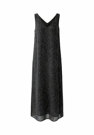 Schwarzes Kleid mit V-Ausschnitt, ärmellosem Design und einem welligen weißen Muster. Hergestellt aus leichtem, fließendem Stoff.