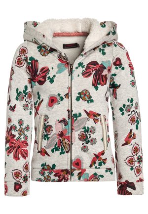 Sudadera con capucha gris claro con cremallera, con patrones florales y de pájaros en colores rojo, rosa y verde, bolsillos delanteros y forro interior de forro polar blanco en la capucha.