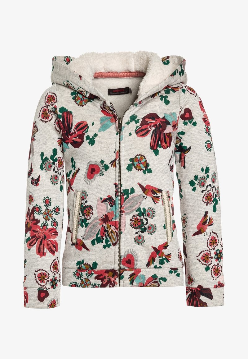 Sweat à capuche gris clair zippé avec des motifs floraux et d'oiseaux colorés en rouge, rose et vert, poches avant et doublure en polaire blanche à l'intérieur de la capuche.