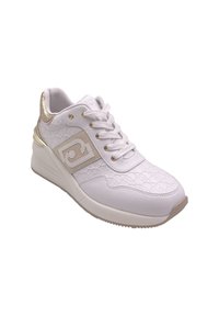 Sneaker bianco con una tomaia testurizzata caratterizzata da un sottile motivo, dettagli dorati sul tallone e una suola imbottita per il comfort.