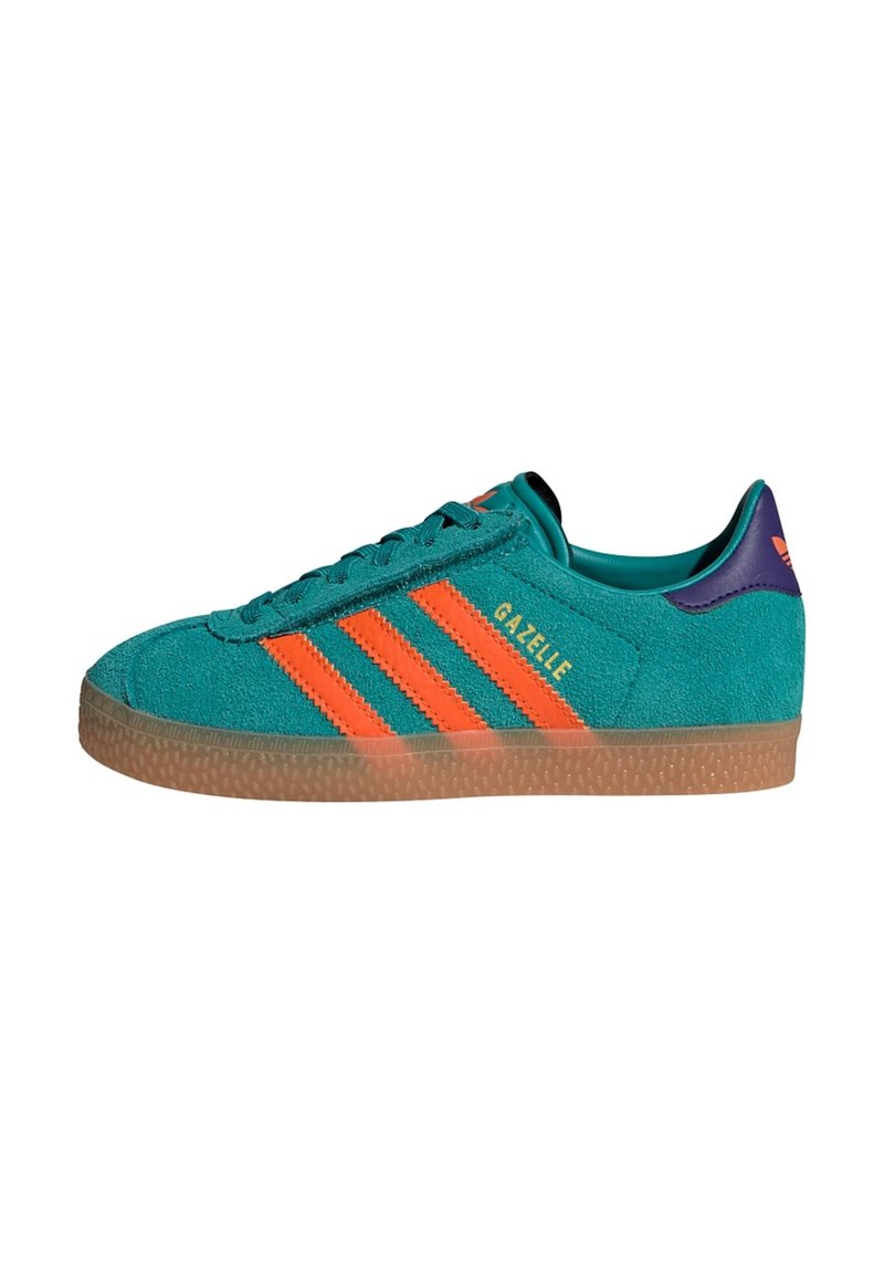 Teal suede sneaker with three orange stripes, gum rubber outsole, padded collar, and "Gazelle" logo in gold on the side.