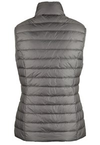 Szara pikowana kamizelka z wysokim kołnierzem, z poziomym przeszyciem, wykonana z lekkiego materiału o gładkiej, błyszczącej fakturze.