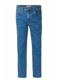 Jeans in denim blu con una vestibilità a gamba dritta, cinque tasche e una vita classica. Il tessuto ha una texture liscia e una leggera scoloritura.