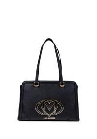 Borsa in finta pelle nera con dettagli in oro. Caratterizzata da due robuste cinghie per le spalle e un design strutturato con una texture liscia.