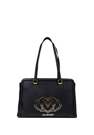 Sac à main en faux cuir noir avec des détails en logo doré. Il possède deux solides poignées et un design structuré avec une texture lisse.