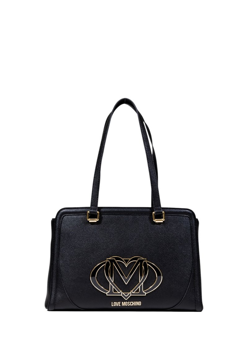 Borsa in finta pelle nera con dettagli in oro. Caratterizzata da due robuste cinghie per le spalle e un design strutturato con una texture liscia.