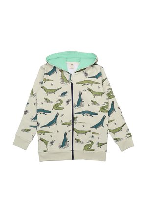 Hellgrauer Kapuzenpullover mit einem grünen und blauen Krokodilprint, einem mintgrünen gefütterten Kapuzenbereich, vorderen Taschen und einem Reißverschluss.