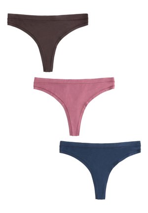 Tri bavlnené dámske tangá v tmavohnedej, mäkko ružovej (mauve) a námorníckej modrej farbe, usporiadané vertikálne na bielom pozadí.